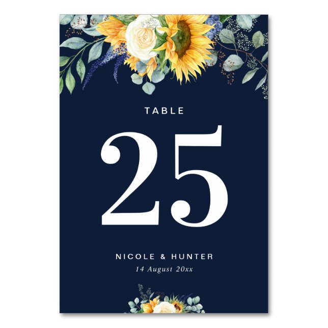 Tarjeta De Mesa boda azul marino de girasoles Número de tabla (Anverso)