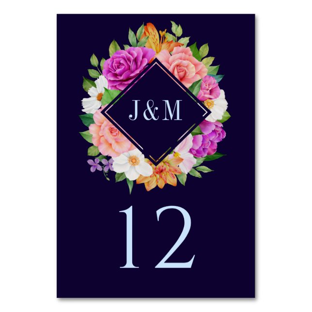 Tarjeta De Mesa Boda azul morado rosado de guirnalda floral monogr (Anverso)