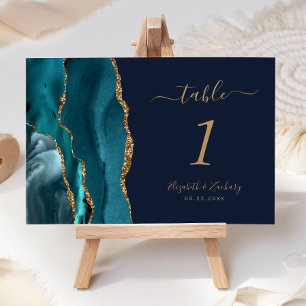 Tarjeta De Mesa Boda Azul Noche Ágata Dorada Verde