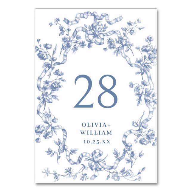 Tarjeta De Mesa Boda azul oxidado y floral de Grace (Anverso)