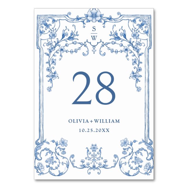 Tarjeta De Mesa Boda azul oxidado y floral de Grace (Anverso)