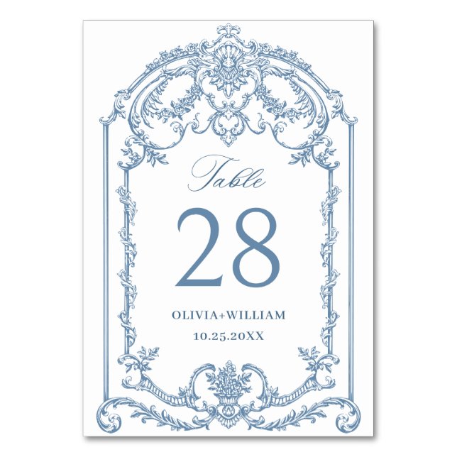 Tarjeta De Mesa Boda azul oxidado y floral de Grace (Anverso)