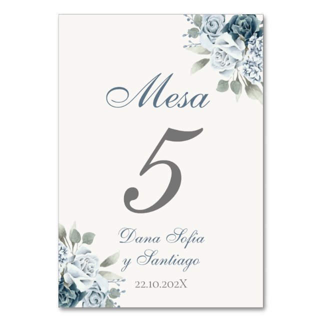 Tarjeta De Mesa Boda azul turbio español (Anverso)
