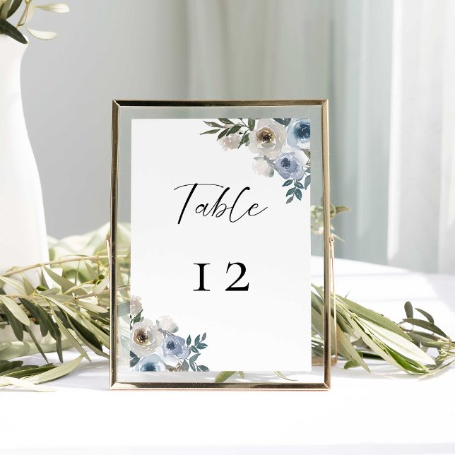 Tarjeta De Mesa Boda azul turbio floral elegante simple (Subido por el creador)