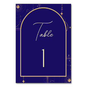 Tarjeta De Mesa Boda azul y oro de la Marina Celestial Nocturna Sk