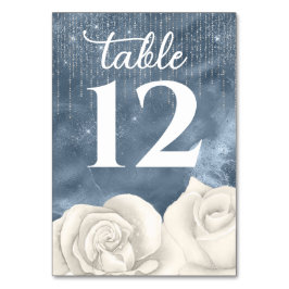 Tarjeta De Mesa Boda azul y plateado con rosa blanca húmeda