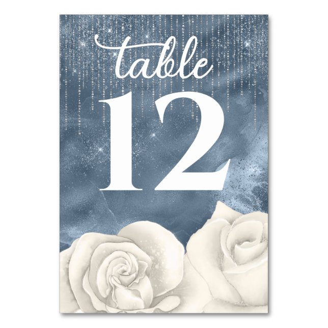 Tarjeta De Mesa Boda azul y plateado con rosa blanca húmeda (Anverso)