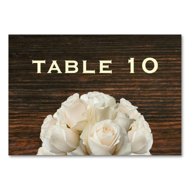 Tarjeta de mesa Boda Barn Wood & White Roses (Anverso)