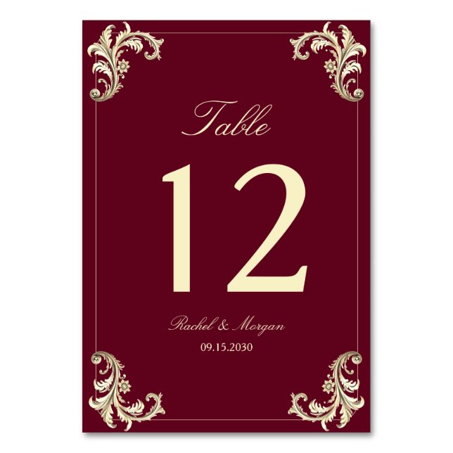 Tarjeta De Mesa Boda Barroca Dorada Borgoña (Anverso)