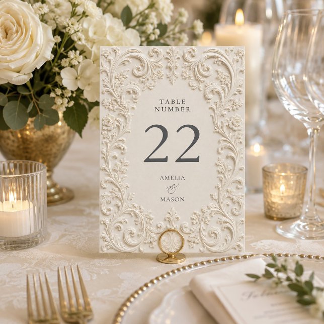 Tarjeta De Mesa Boda Barroca Elegante Marfil Floral Scrollwork (Baroque Elegant Ivory Floral Scrollwork Wedding Table Number)