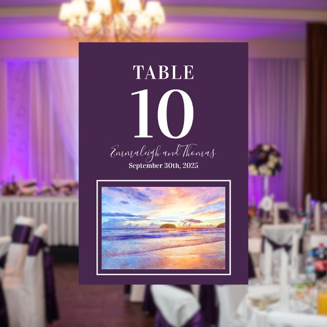 Tarjeta De Mesa Boda Beach Watercolor Pink Sunrise (Subido por el creador)