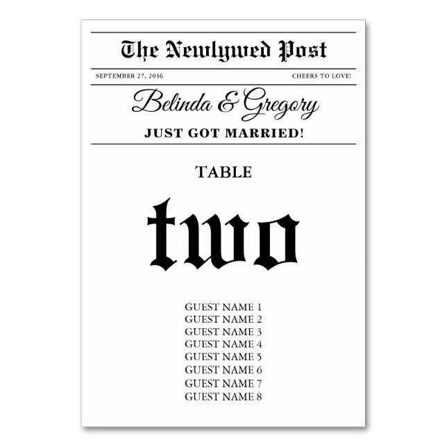 Tarjeta De Mesa Boda blanco y negro divertido de periódico boda (Anverso)
