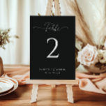 Tarjeta De Mesa Boda blanco y negro simple<br><div class="desc">Coordina la recepción con números de mesa negros sencillos y elegantes. Mantenga un aspecto consistente con un fondo negro,  letras clásicas de serif y nombres personalizados personalizados personalizados personalizados,  proporcionando un toque elegante y organizado a cada mesa.</div>