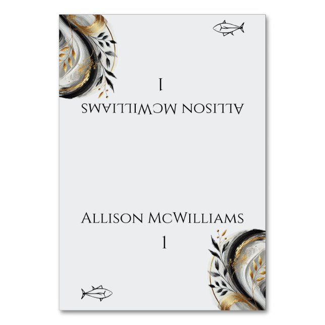 Tarjeta De Mesa Boda blanco y oro negro moderno - Pescado (Anverso)