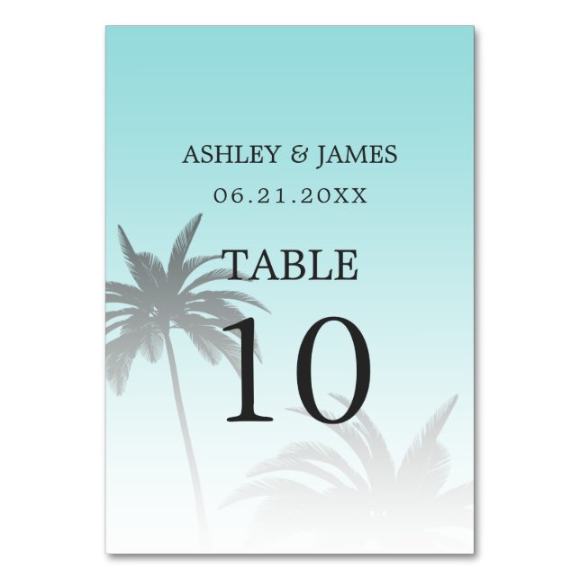 Tarjeta De Mesa Boda Blue Tropical Palm Tree Beach (Reverso)