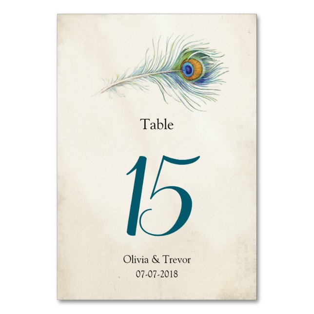 Tarjeta De Mesa Boda Bohemian Peacock Feather (Anverso)