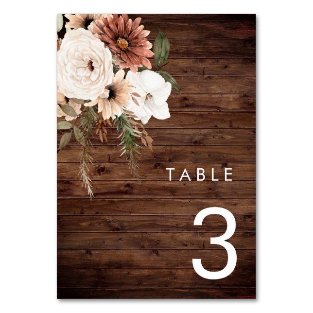 Tarjeta De Mesa Boda Bohemiana de Madera Rústica Floral (Anverso)