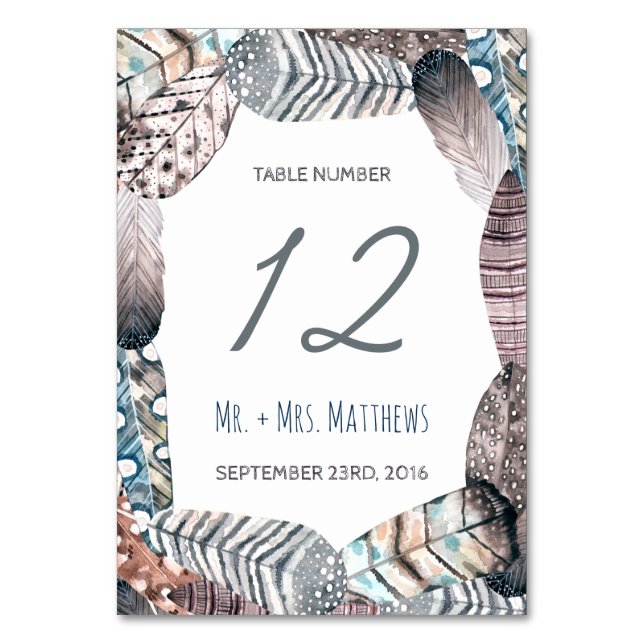 Tarjeta De Mesa Boda bohemio de plumas tribales modernas (Anverso)