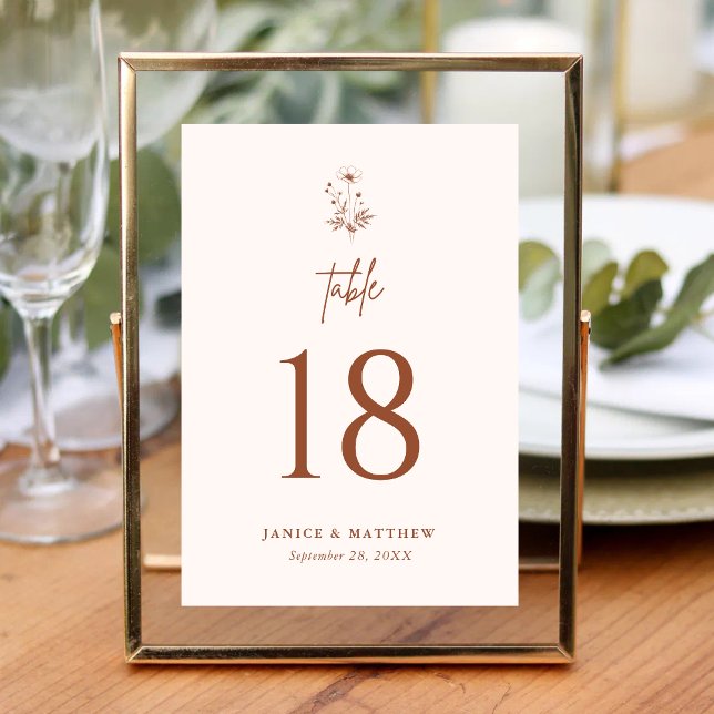Tarjeta De Mesa Boda Boho de Terracota con Flores Silvestres Rústi (Rustic wildflower terracotta boho wedding table number guides guests with warm personalized charm)