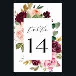 Tarjeta De Mesa Boda Boho Floral Rosa Melocotón Dorado Rubor de Bo<br><div class="desc">El diseño presenta un elegante ramo o corona de acuarela en tonos de rojo burdeos,  Marsala,  rosa ligero,  melocotón y más sobre elementos de vegetación de eucalipto y hojas doradas vintage.</div>