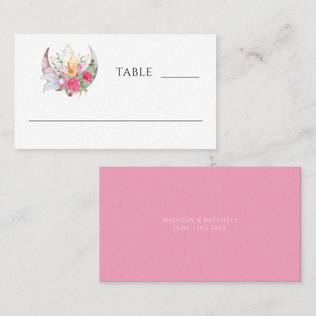 Tarjeta De Mesa Boda Boho Moon Cristales Plumas Flores Rosas  (Anverso / Reverso)