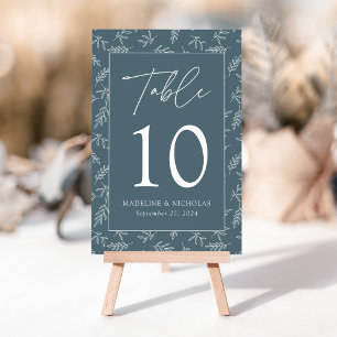 Tarjeta De Mesa Boda Botánica Minimalista Moderna Azul Ahumado