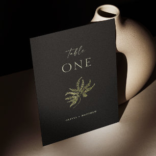 Tarjeta De Mesa Boda Botánica Negra Minimalista Verde de Helecho