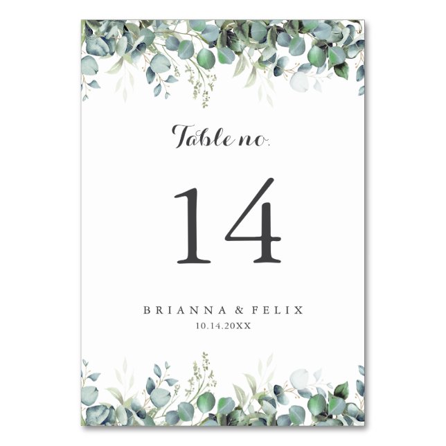 Tarjeta De Mesa Boda Botánica Rústica Verde Eucalipto (Anverso)