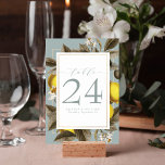 Tarjeta De Mesa Boda botánico de limón vintage Dusty Blue<br><div class="desc">Este diseño boda se detalla con una huella botánica de limón vintage y fue diseñado para añadir un toque cítrico único a sus necesidades de papelería boda. El fondo de la tarjeta es azul polvoriento y el diseño tiene 2 marcos dorados.</div>