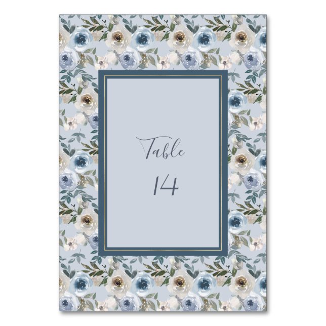 Tarjeta De Mesa Boda Botánico Floral Azul y Gris Dusty (Anverso)
