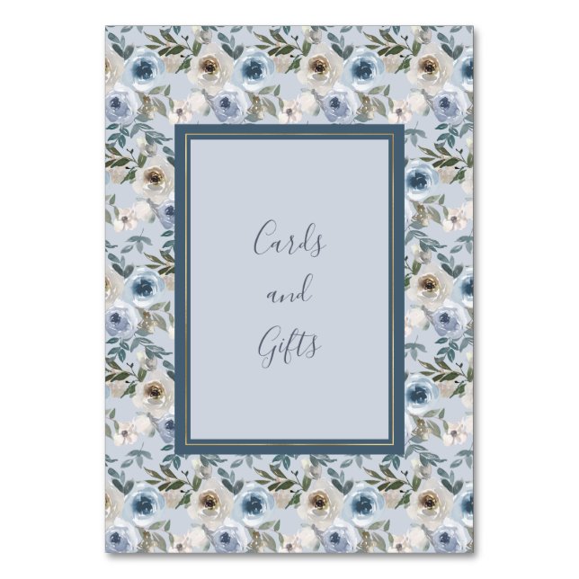 Tarjeta De Mesa Boda Botánico Floral Azul y Gris Dusty (Anverso)