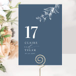 Tarjeta De Mesa Boda botánico minimalista de Blue Elegant<br><div class="desc">Guíe a sus huéspedes hasta su mesa con esta elegante tarjeta de boda azul y blanco. Diseño elegante y sencillo con nombres a un lado y el "y" en caligrafía escrita a mano moderna. Delicados detalles de un rincón de vegetación botánica a mano. Por favor, haga un pedido individual para...</div>