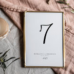 Tarjeta De Mesa Boda Botánico minimalista de Guión Blanco y Negro<br><div class="desc">Un diseño de dos caras tiene un sencillo guión minimalista único de caligrafía en blanco y negro con acento de hoja botánica. Agregue fácilmente el número,  el nombre y la fecha a tantas tarjetas de tabla como necesite. asegúrese de agregar cada tarjeta a su carrito antes de comprar.</div>