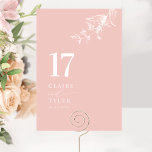 Tarjeta De Mesa Boda botánico minimalista elegante rosado de Rubor<br><div class="desc">Guíe a sus huéspedes hasta su mesa con esta elegante tarjeta de número de mesa de boda rosa y blanco. Diseño elegante y sencillo con nombres a un lado y el "y" en caligrafía escrita a mano moderna. Delicados detalles de un rincón de vegetación botánica a mano. Por favor, haga...</div>