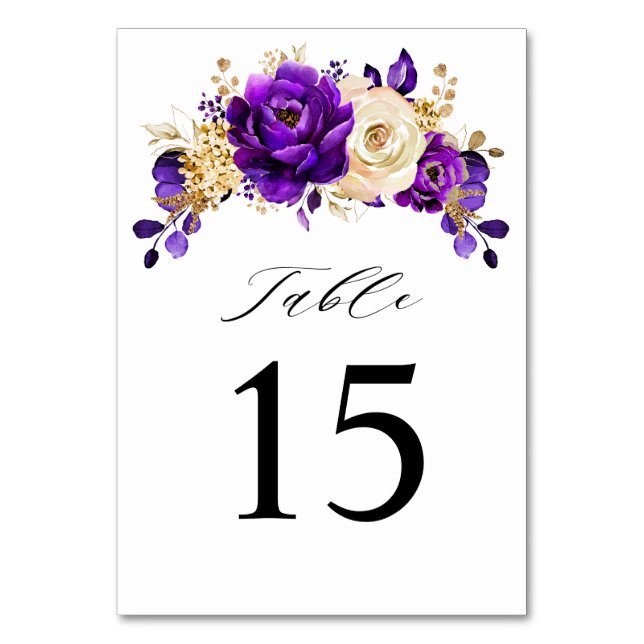 Tarjeta De Mesa Boda Botánico Royal Purple Violet Gold Floral (Anverso)