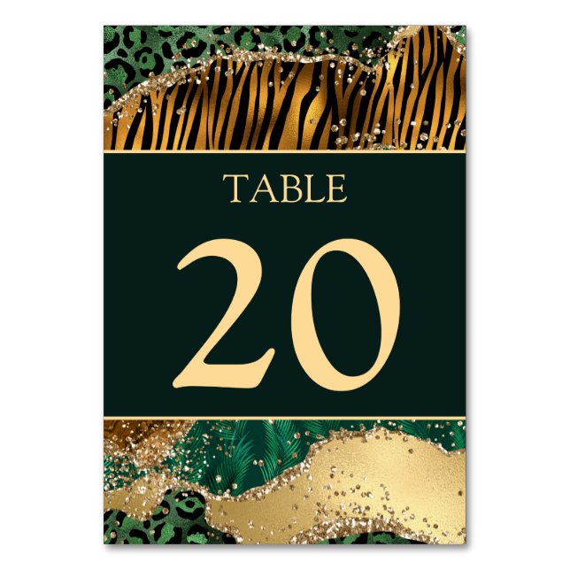 Tarjeta De Mesa Boda Brillo Verde Safari Jungla (Anverso)