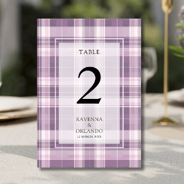 Tarjeta De Mesa Boda campestre de cuadros vintage ciruela y púrpur