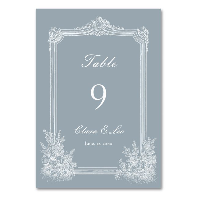 Tarjeta De Mesa Boda campestre francesa azul pizarra (Anverso)