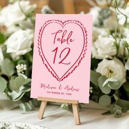 Tarjeta De Mesa Boda Caprichosa de Corazones Rosados y Rojos