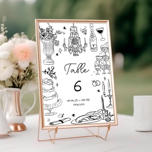 Tarjeta De Mesa Boda caprichoso de mano negra y blanca (Subido por el creador)