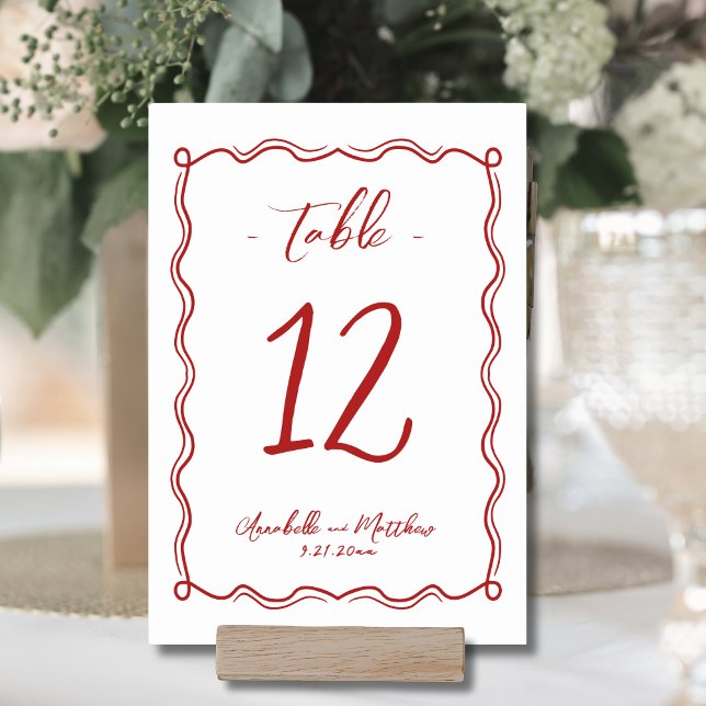 Tarjeta De Mesa Boda caprichoso rojo y caprichoso (Hand Drawn Quirky Red Whimsical Wedding Table Number )