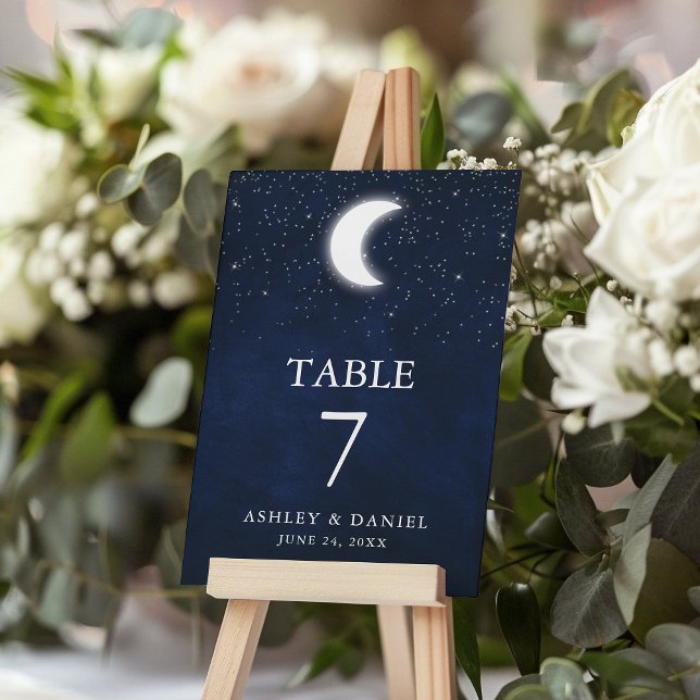 Tarjeta De Mesa Boda celeste acuarela azul cielo estrellas Luna (Customize to change text size or text style.)