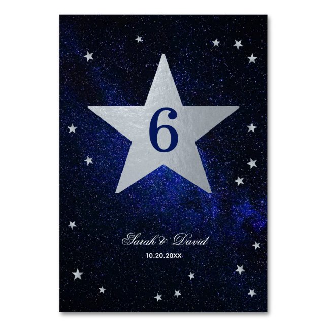 Tarjeta De Mesa Boda celeste Relieve metalizado plateado Faux Star (Anverso)