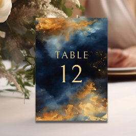 Tarjeta De Mesa Boda Celestial Abstract Blue Faux Gold