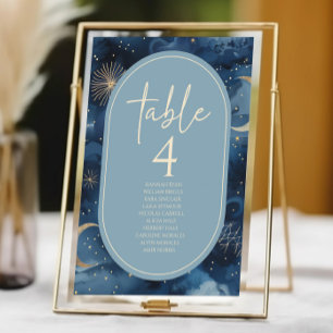 Tarjeta De Mesa Boda Celestial Elegante Cielo Estrellado Oro Azul