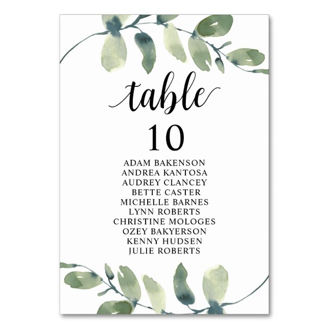 Tarjeta De Mesa Boda Cena, Eucalyptus Invitados (Anverso)