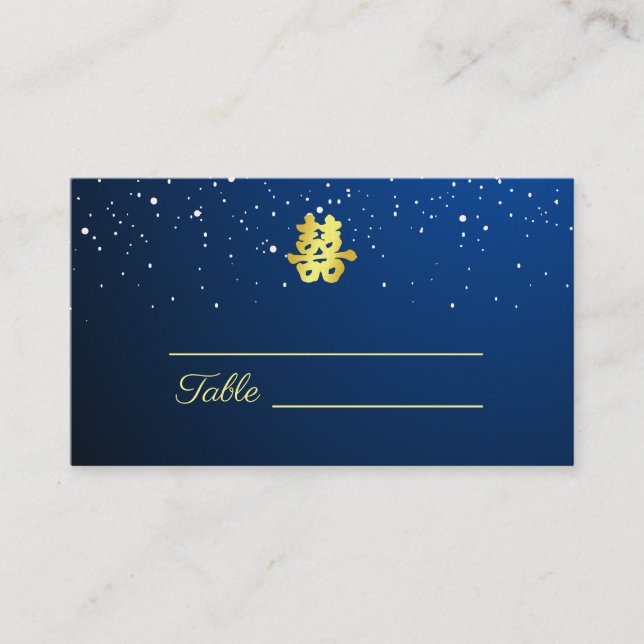 Tarjeta De Mesa Boda chino azul estrellado noche doble felicidad (Anverso)