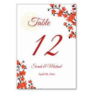 Tarjeta De Mesa Boda chino blanco con flores de cerezo rojo