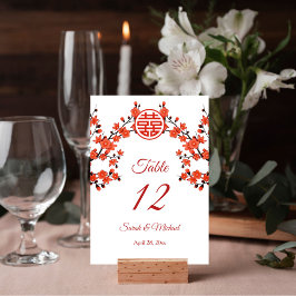 Tarjeta De Mesa Boda chino blanco con flores de cerezo rojo