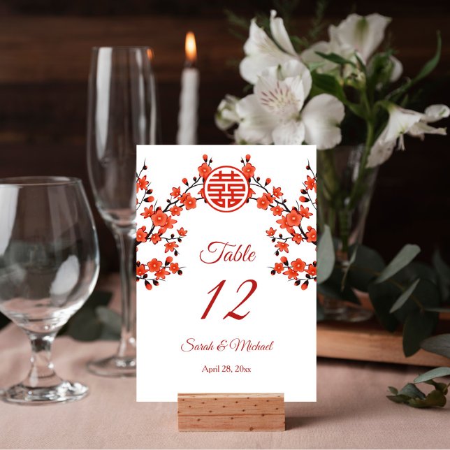 Tarjeta De Mesa Boda chino blanco con flores de cerezo rojo (Subido por el creador)